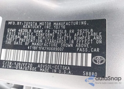 2017 Toyota Camry Se из США, поврежденный, VIN 4T1BF1FK7HU689007